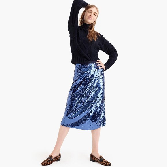 💙 NWT J Crew Collection Sequin Midi Skirt with Tie Belt Royal Navy Blue💙 - Picture 2 of 9